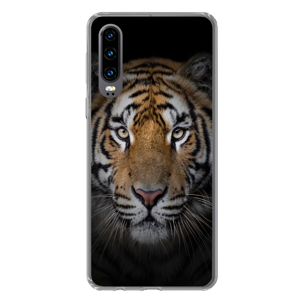MuchoWow Handyhülle Schutzhülle Hülle für Huawei P30 Tiger - Wildtiere - Porträt - Schwarz - Tiere Silikon Softcase Handy Hülle - Kartenbes...