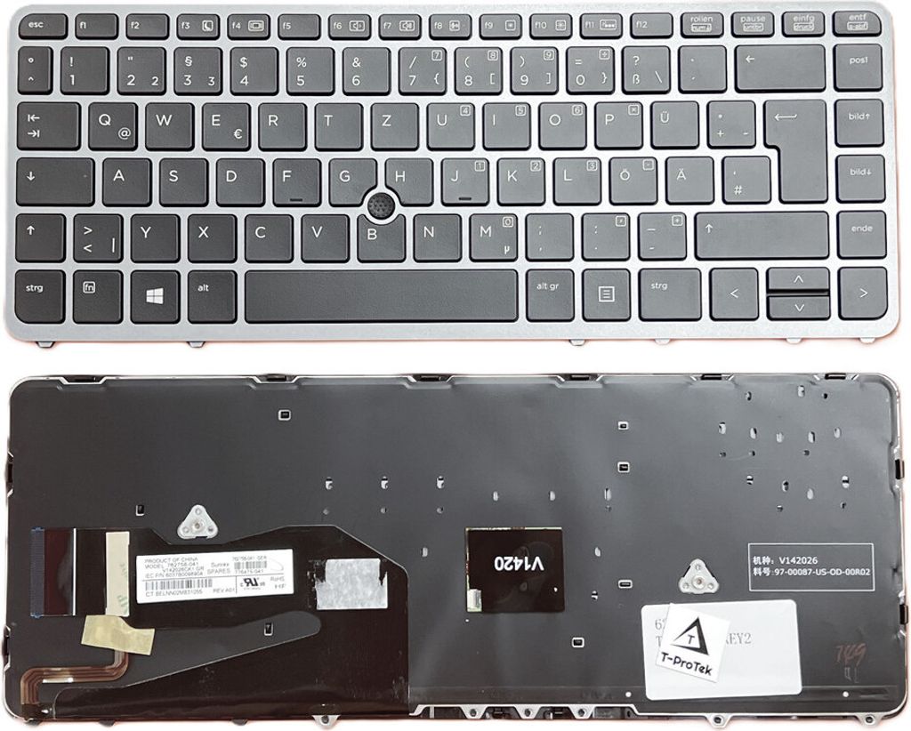 DEUTSCHE-Tastatur Schwarz,Silber Rahmen,Beleuchtung,Trackpoint für HP EliteBook 840 G1