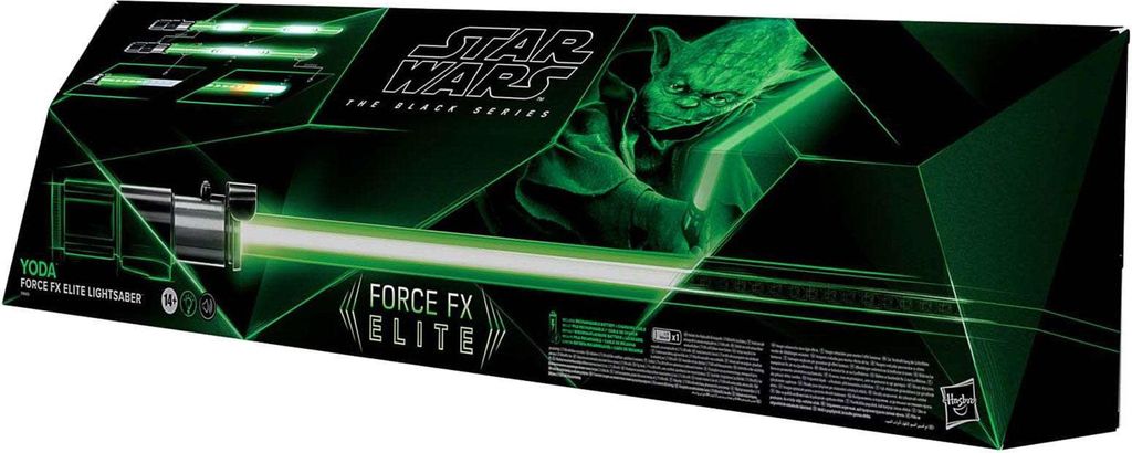 The image shows the product packaging for a Star Wars Yoda Force FX Elite Lightsaber.