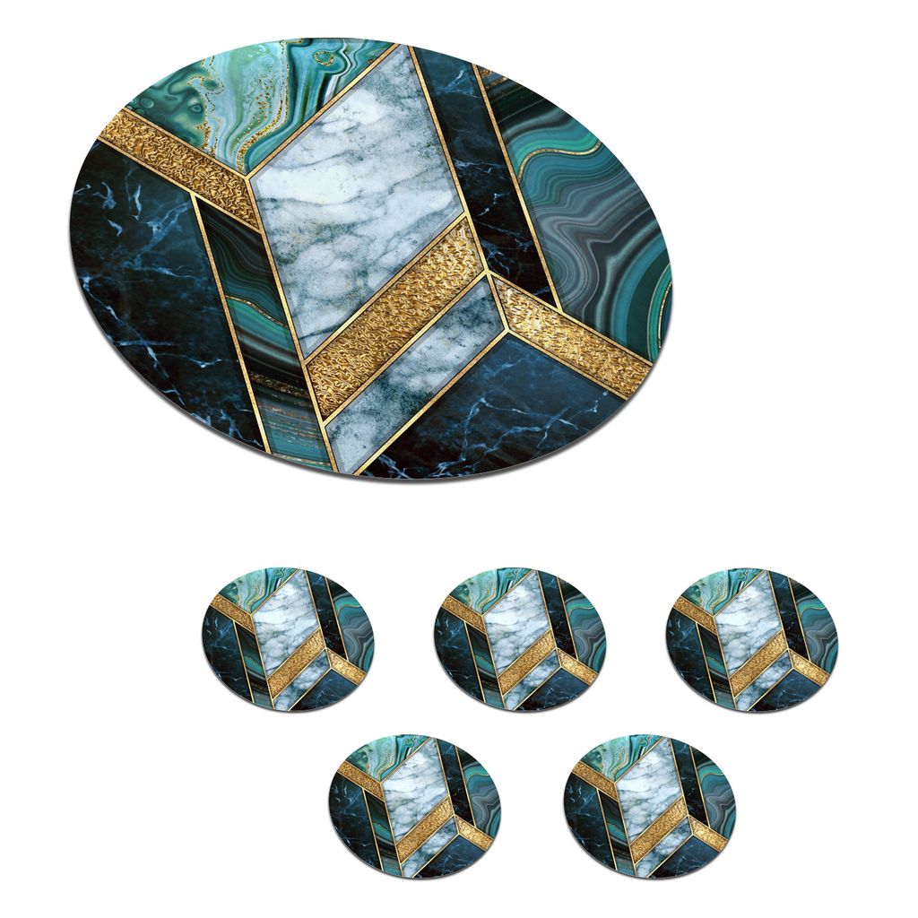 KitchenYeah Glasuntersetzer Rund 6er Set Marmor - Mosaik - Gold 10x10 cm Untersetzer für Gläser - Getränkeuntersetzer - Tischplattenschutz - T...