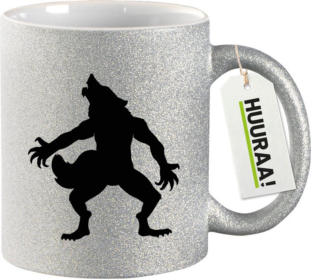 Huuraa Glitzertasse Werwolf Silhouette 330ml Silber Keramik Produktbild 