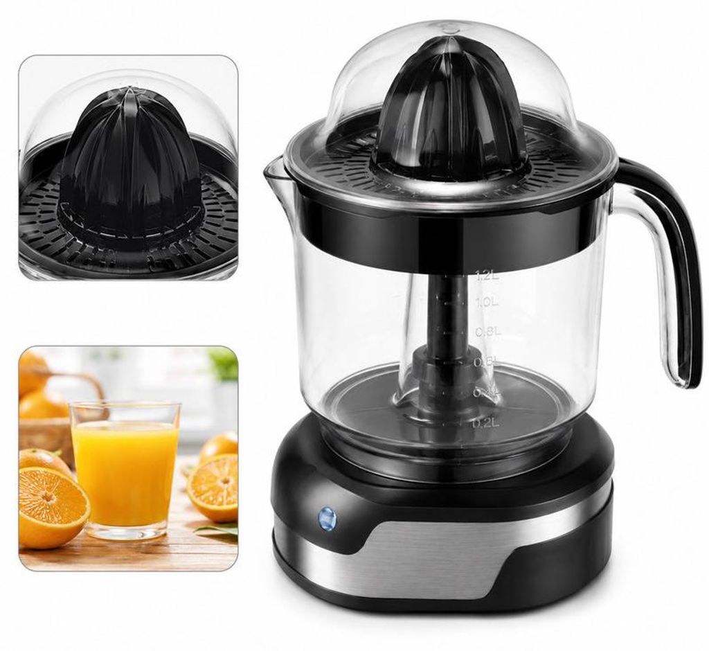 Elektrische Orangenpresse 1,2L mit automatischer Drehrichtungsänderung, Edelstahl Zitruspresse, 2 Presskegel, pflegeleicht