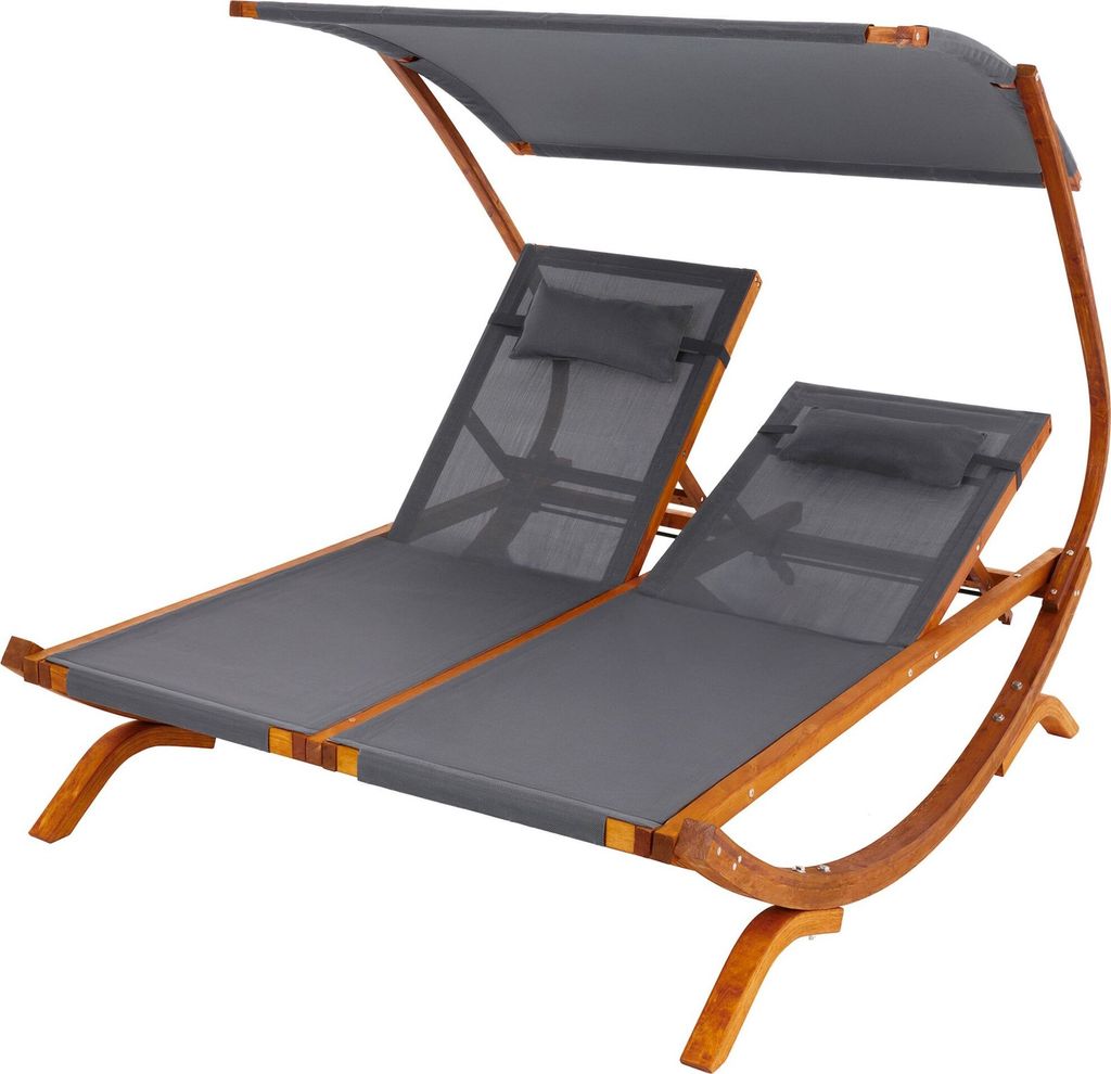 di volio Sonnenliege mit Dach Pionza - grau, Doppelliege mit verstellbarer Rückenlehne, Gartenliege aus Holz für 2 Personen - wetterfest & bequem