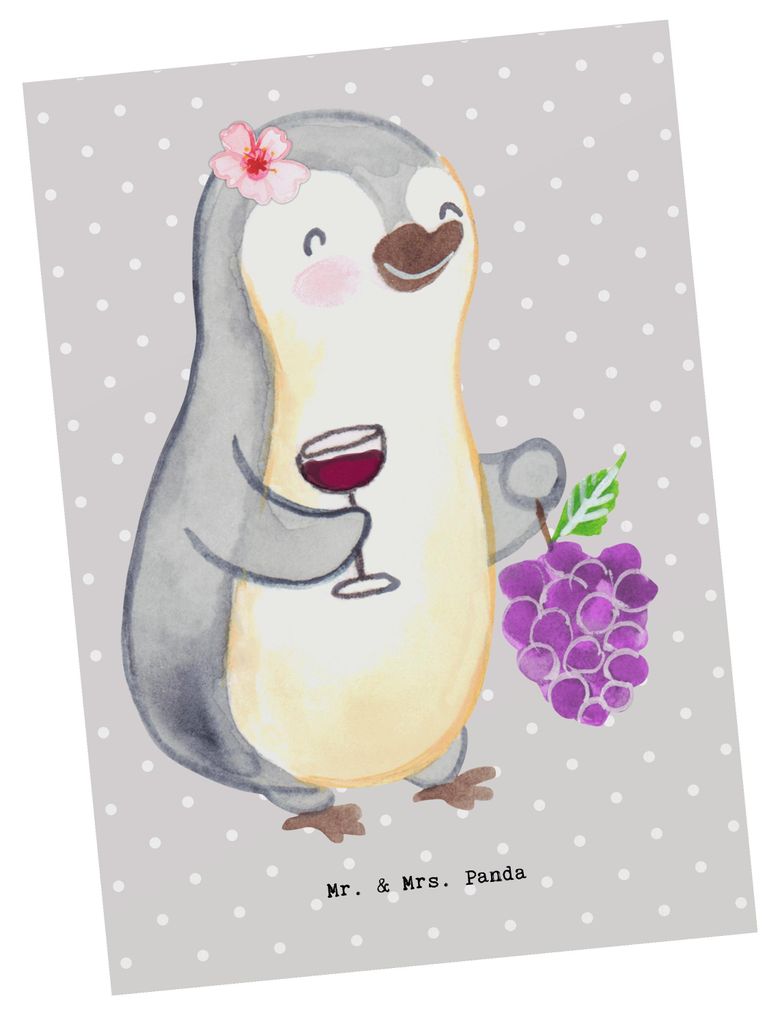 Mr. & Mrs. Panda Grußkarte Winzerin Herz - Grau Pastell - Geschenk, Postkarte, einzelkarte, Postkarten, Ansichtskarte, Ansichtskarten