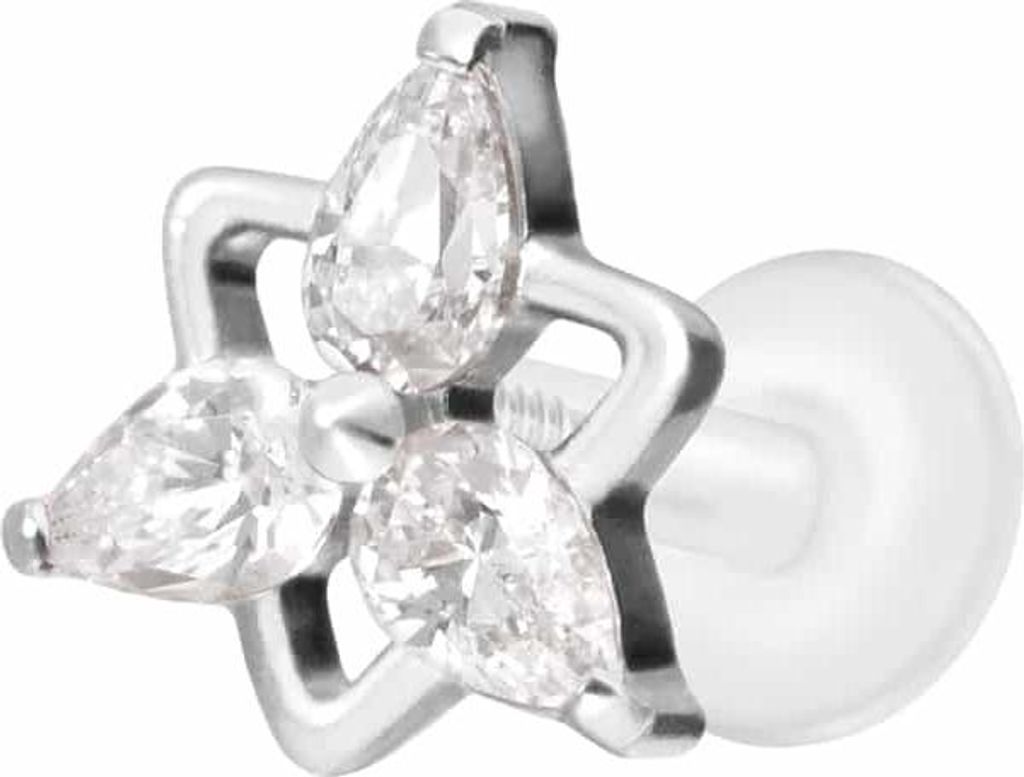 Ohrpiercing, Nasenpiercing PTFE Labret mit Innengewinde + Titan-Aufsatz KRISTALLBLUME Silber Stablänge: 5mm | Stabstärke: 1,2mm