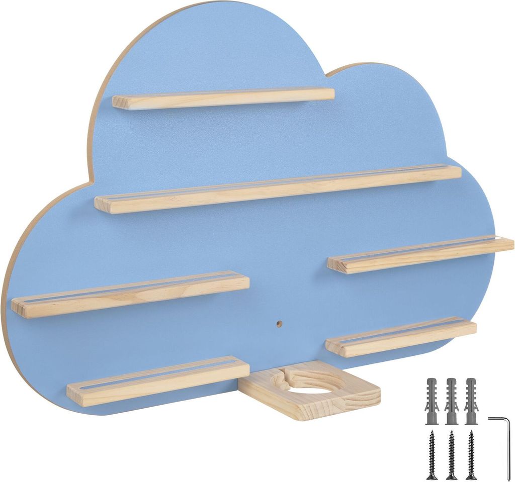 A cloud-shaped wall shelf with wooden shelves and mounting hardware.