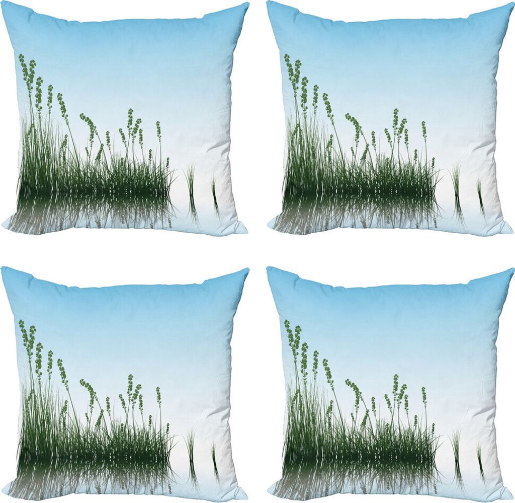 ABAKUHAUS Landschaft Kissenbezug Set (4 Stück), Landschaft See Sträucher, Moderner Doppelseitiger Digitaldruck, 45 cm x 45 cm, Pale Blue Jade-Grün