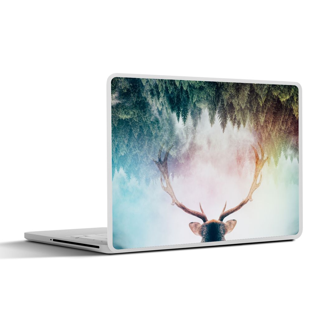 MuchoWow Laptop Aufkleber Sticker Cover Hirsch - Geweih - Wald - Nebel 25x18 cm - Laptop-Deko