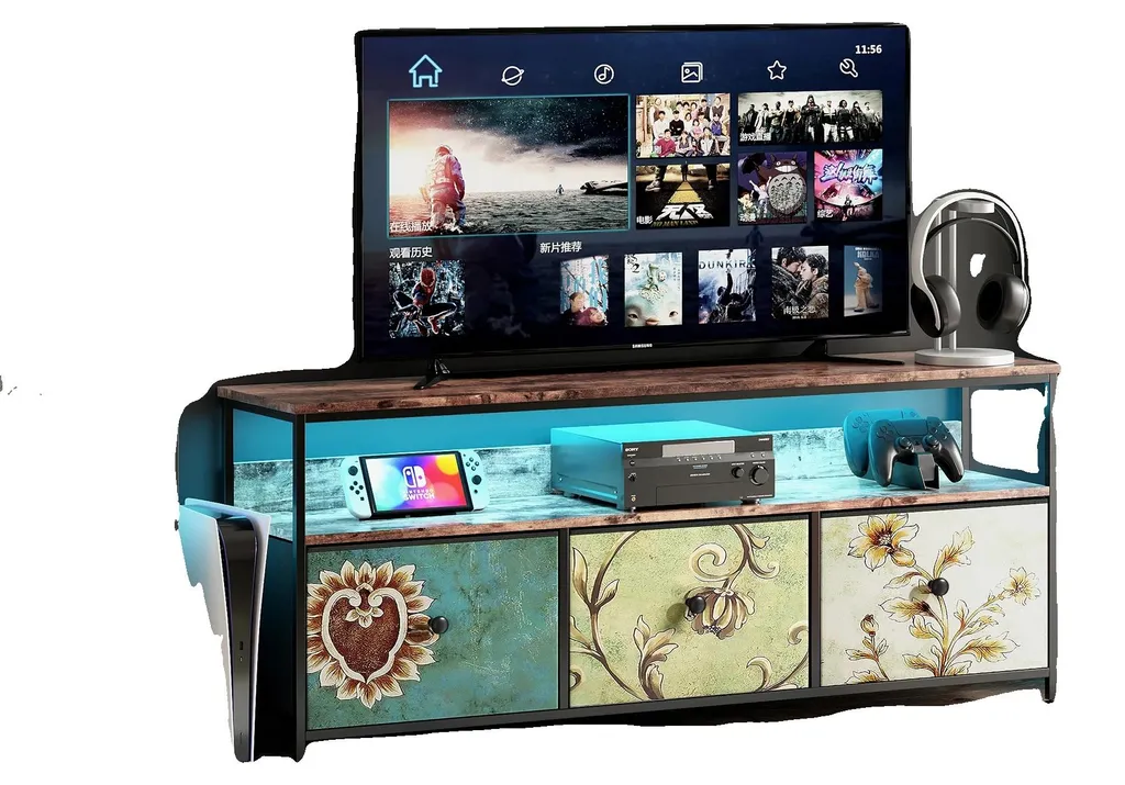 Fini le Désordre avec ce Meuble TV à Tiroirs Tissu et LED Ambiance RGB