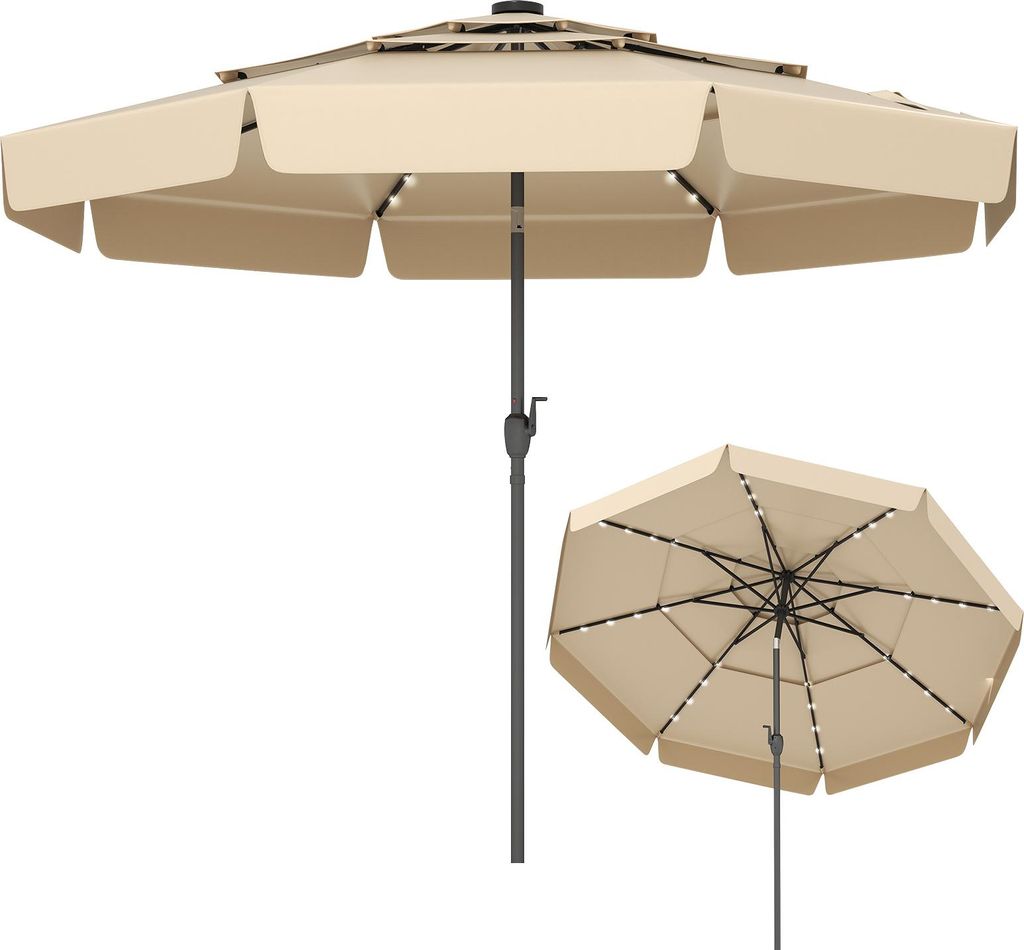 KOMFOTTEU Sonnenschirm Ø300 cm mit 32 LED-Lichtern, Gartenschirm 35°knickbar, Terrassenschirm mit Kurbel & Volant, Marktschirm für Garten, Terra...