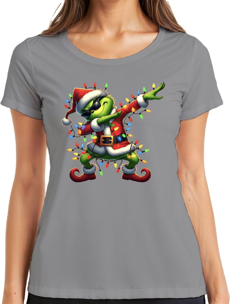 Grinch Dabbing Weihnachten Santa Lichterkette Lustig Geschenk Damen T-Shirt, Grau, XXL
