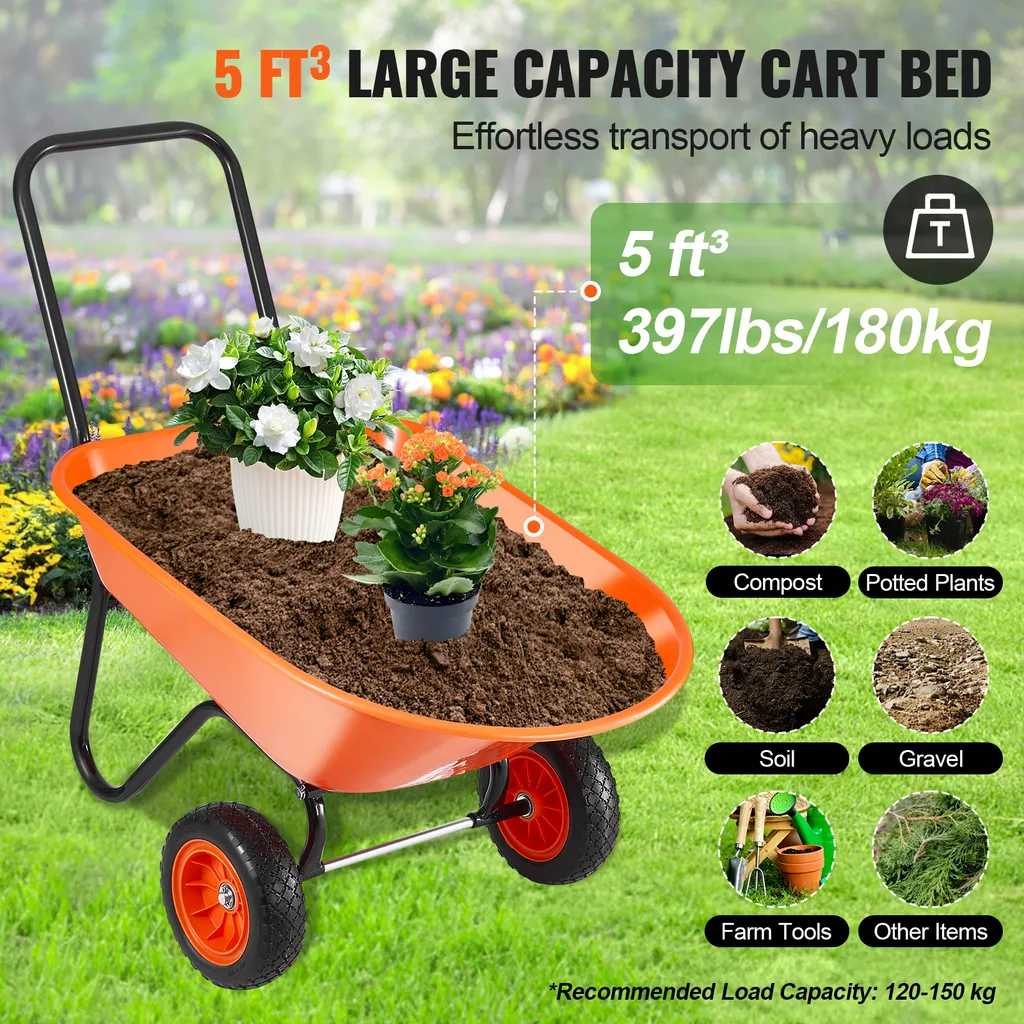 SKYSHALO Carriola universale da 5 piedi cubi, capacità di carico di 397 libbre, cassone ribaltabile da giardino con ruote doppie, ruote larghe da 10 pollici per la stabilità, manico facile da caricare, ideale - 4