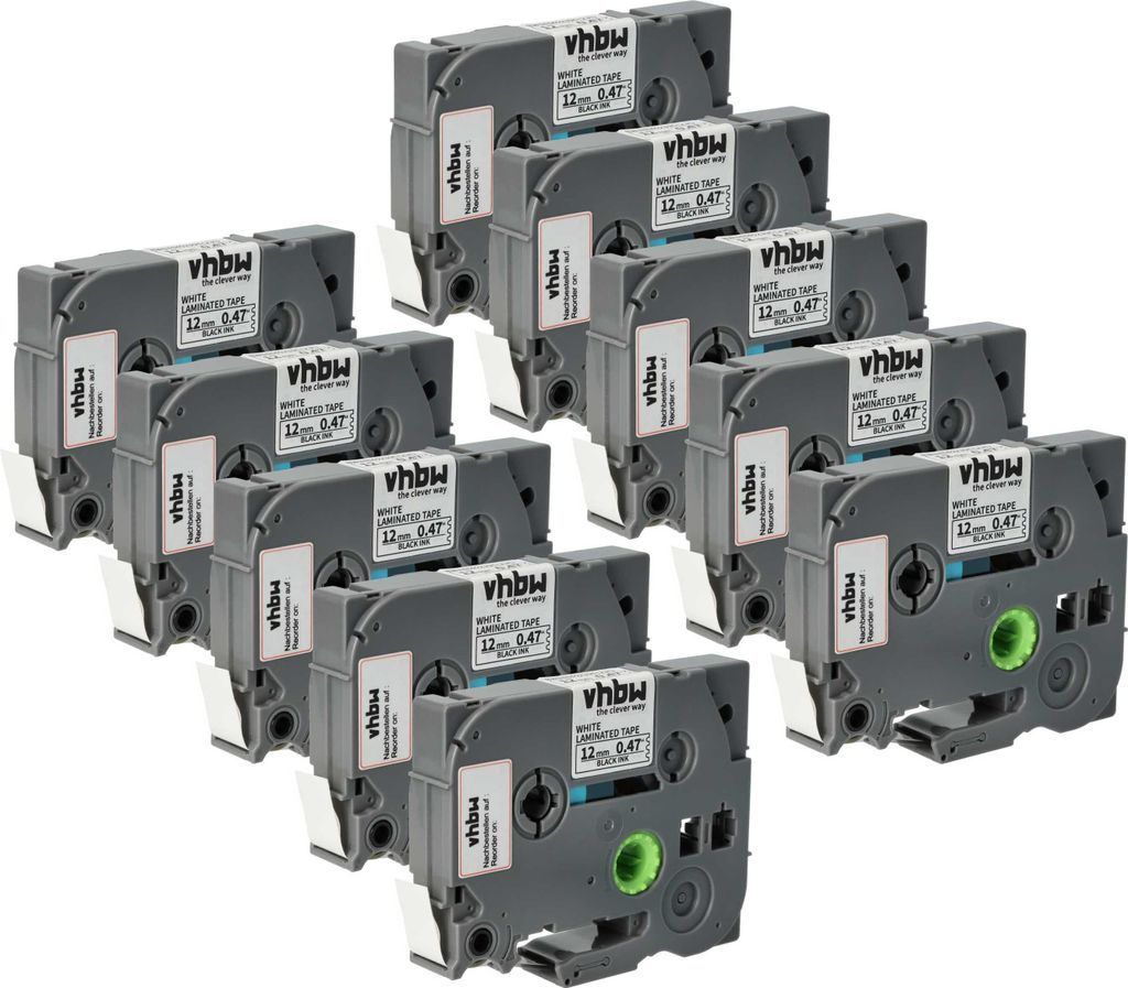vhbw 10x Schriftband-Kassette kompatibel mit Brother PT 1650, 1700, 1800E, 1600, 1800, 1750 Etiketten-Drucker 4m x 12mm Schwarz auf Weiß, Laminiert