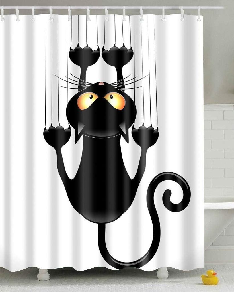 Humorvoller Duschvorhang mit Katzenmotiv, 150 x 180 cm, schimmelresistentes Textilgewebe – mit Haken fürs Badezimmer