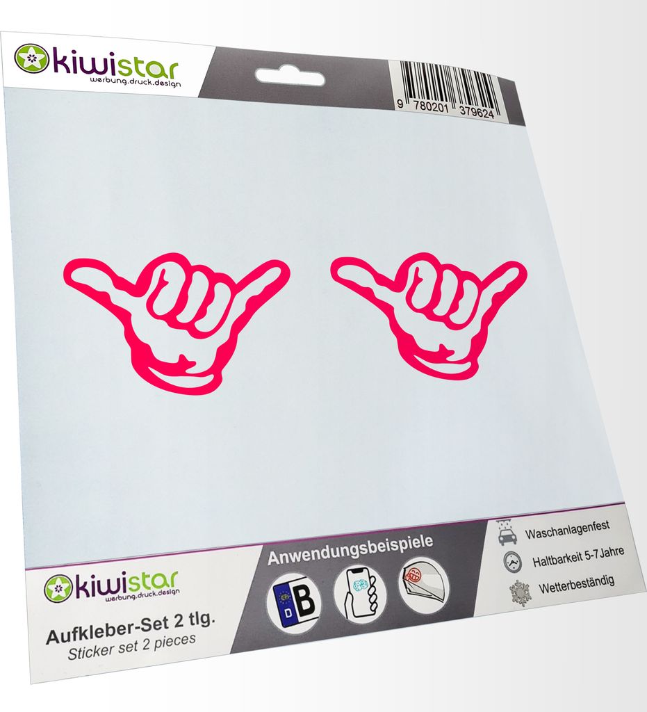Kiwistar - 2x Kennzeichenaufkleber - neonpink - 21 mm Hang Loose - Alles locker - Shaka Aufkleber für Auto, Laptop, Fahrrad, LKW, Motorrad Mehrfar...