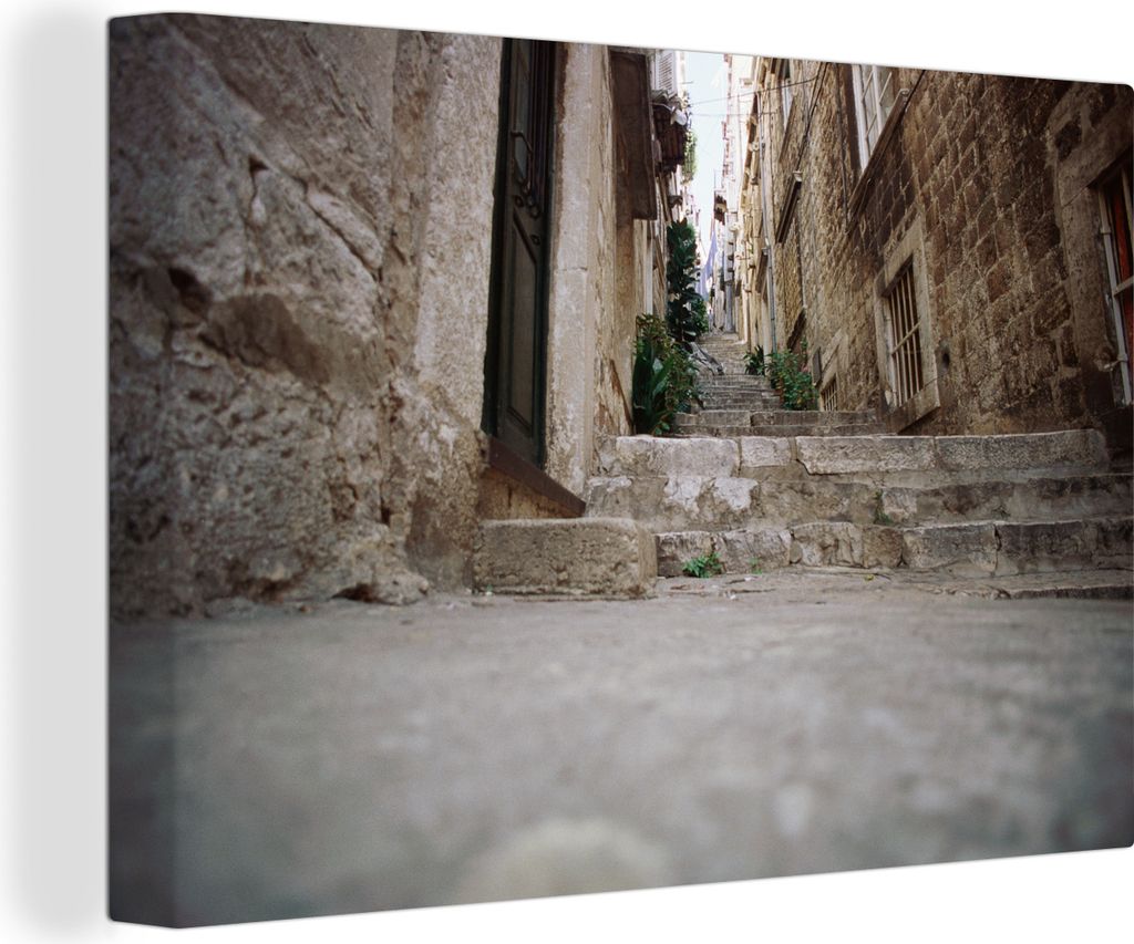 OneMillionCanvasses - Leinwandbilder - 140x90 cm, Treppe durch eine Gasse im jugoslawischen Dubrovnik, Wandbilder Kunstdruck Wanddekoration - Fot...
