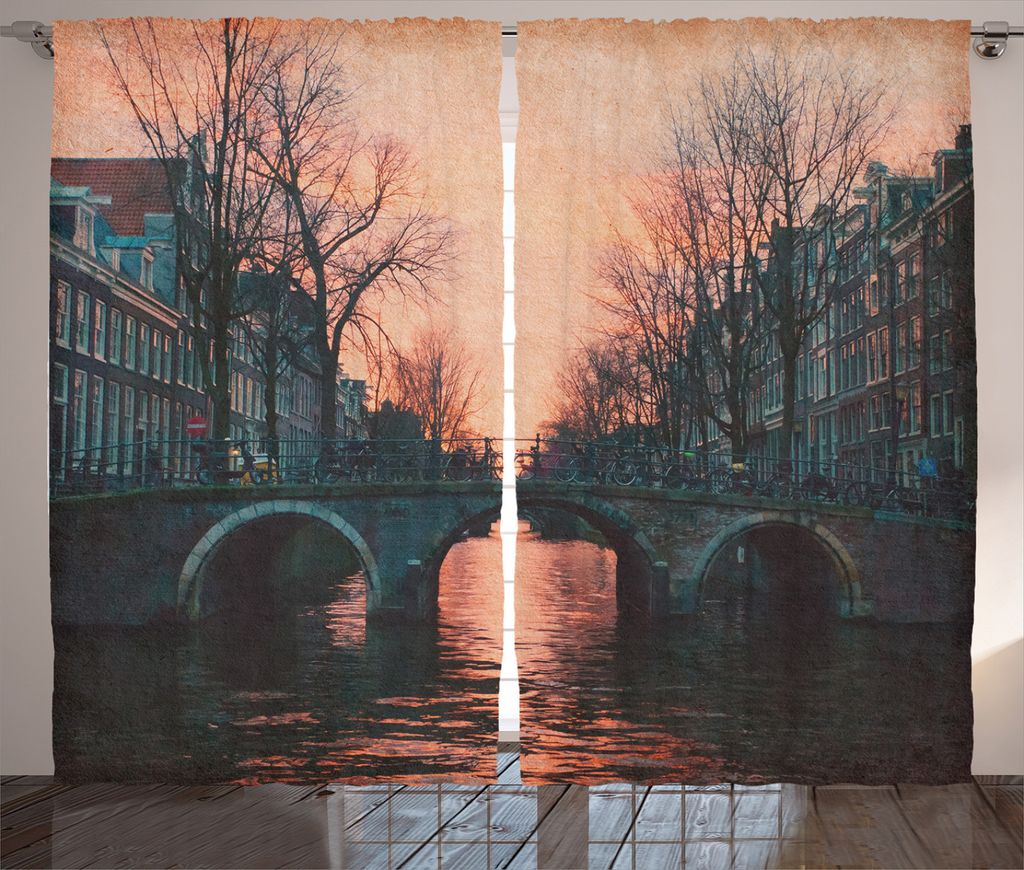 ABAKUHAUS Stadt Rustikaler Gardine, Amsterdam Weinlese-Brücke, Schlafzimmer Kräuselband Vorhang mit Schlaufen und Haken, 280 x 245 cm, Grau Rosa