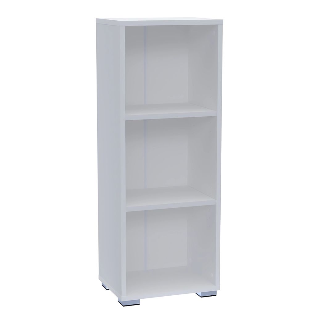 A white, three-shelf bookcase shown from the front.