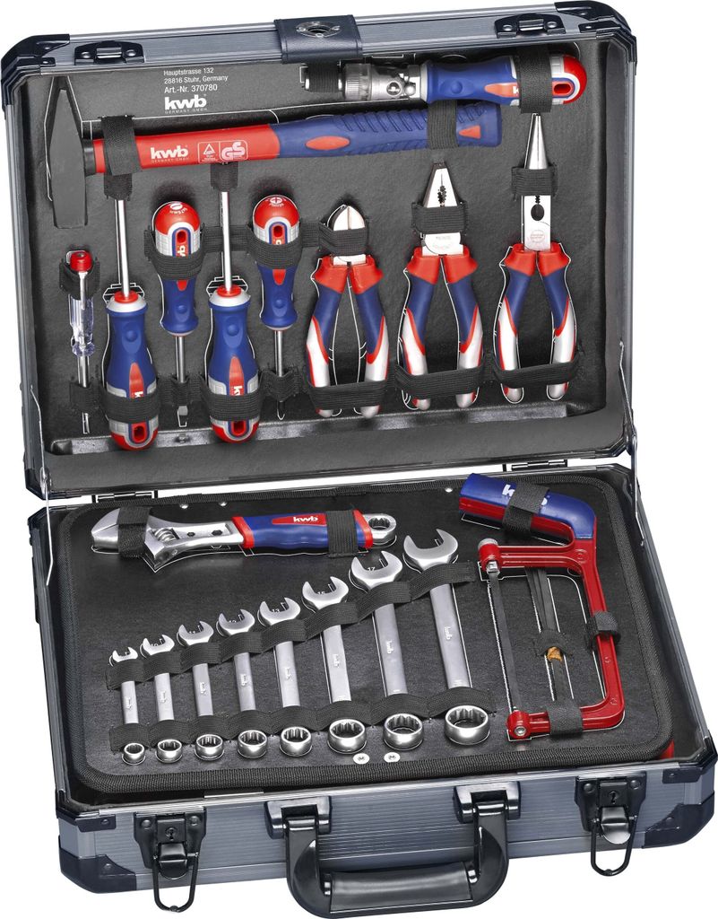 An open tool case filled with various tools.
