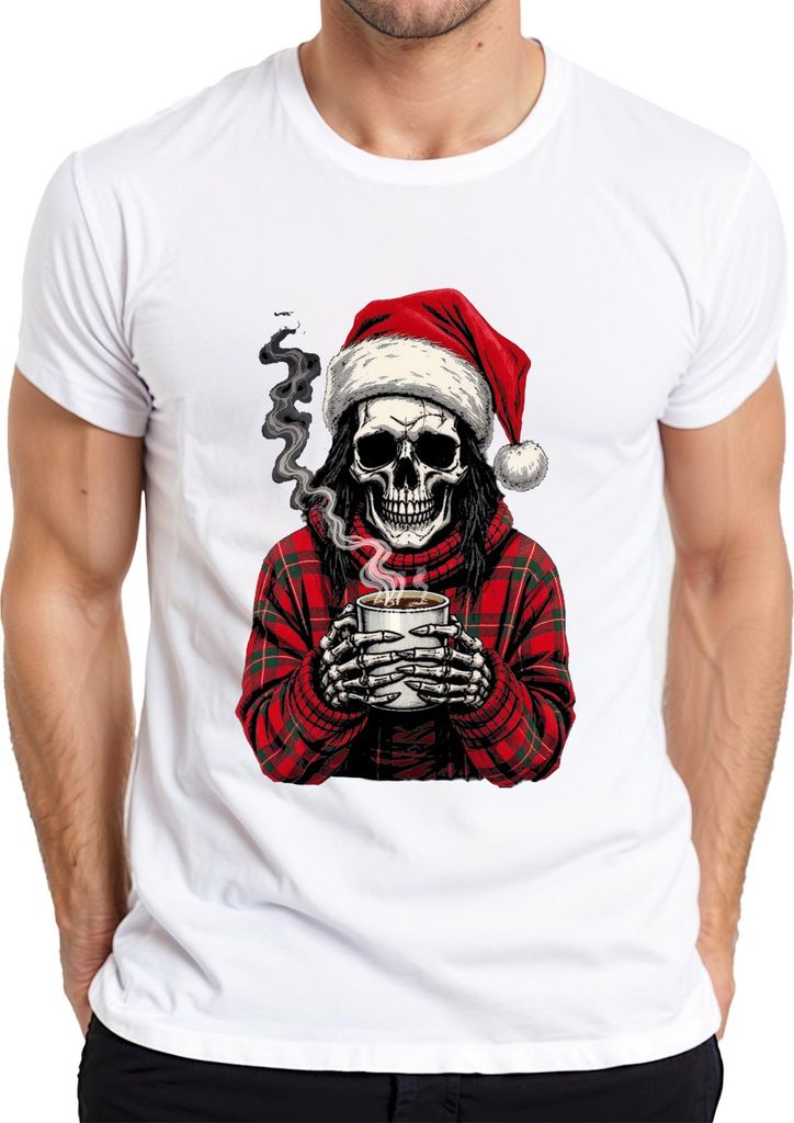 Weihnachtsmann Totenkopf Skelett Kaffee rot Karomuster Gothic Herren T-Shirt, Weiß, XXL