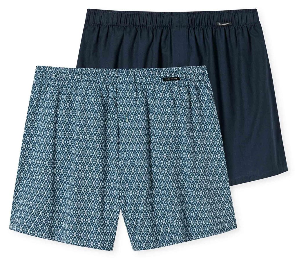 SCHIESSER Herren Web-Boxershorts, 2er Pack - Shorts, We, Bauwolle, Muster Dunkelblau/Hellblau/Weiß 2XL