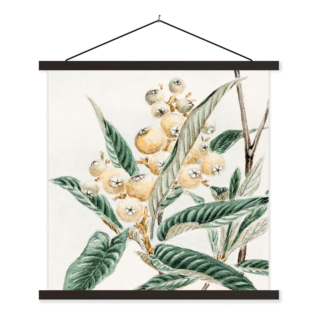 MuchoWow Textilposter Obst - Blätter - Vintage - Japanisch - Skandinavisch 90x90 cm mit schwarzem Rahmen - Magnetisches