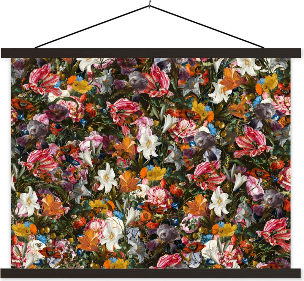 MuchoWow Textilposter Blumen - Schmetterling - Design - Kunst - Abstrakt - Malerei - Alte Meister 150x113 cm mit schwarzem Rahmen - Wohnzimmer