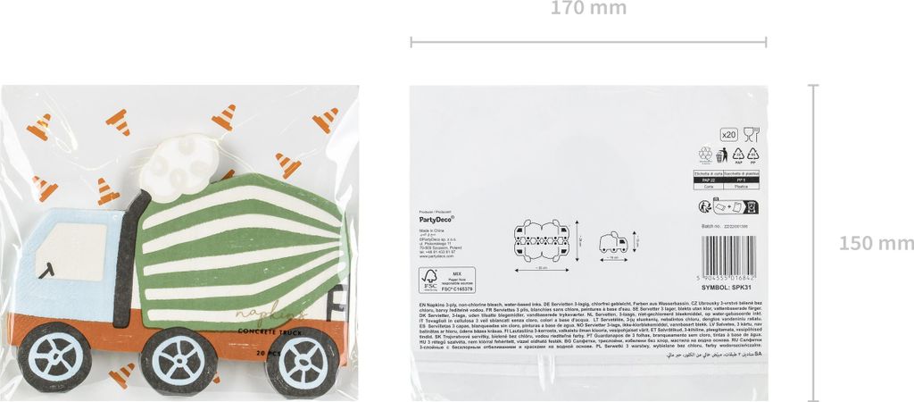 Servietten Papier 16x13cm Betonmischmaschine 20 Stück Bunt