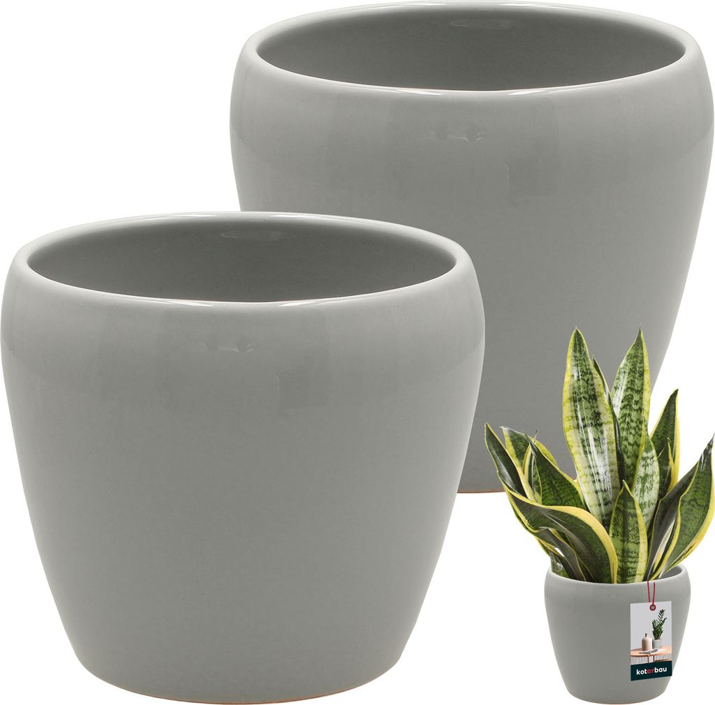 KOTARBAU 2 St. Blumentopf Grau innen rund 13,5 cm H: 14 cm glasierte Keramik Blumentöpfe innen Blumenübertopf Keramik Pflanzentopf innen Or...