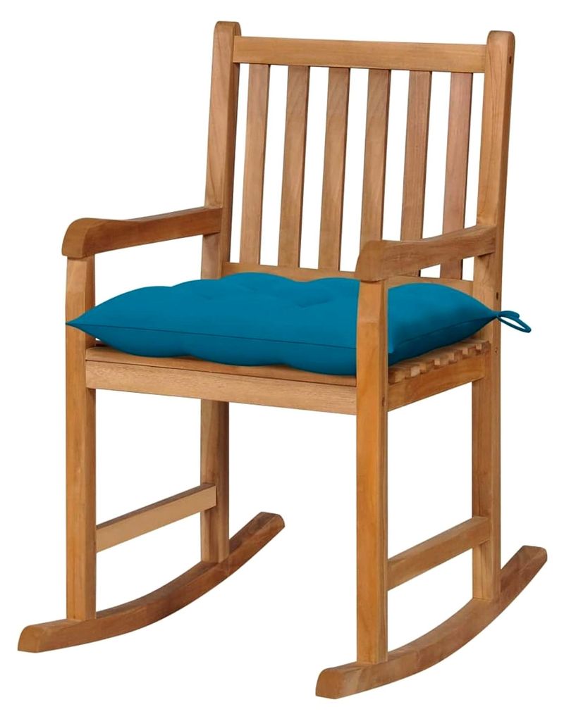 Schaukelstuhl mit hellblauem Kissen aus massivem Teakholz, Sessel für Wohnzimmer mit Schlaffunktion