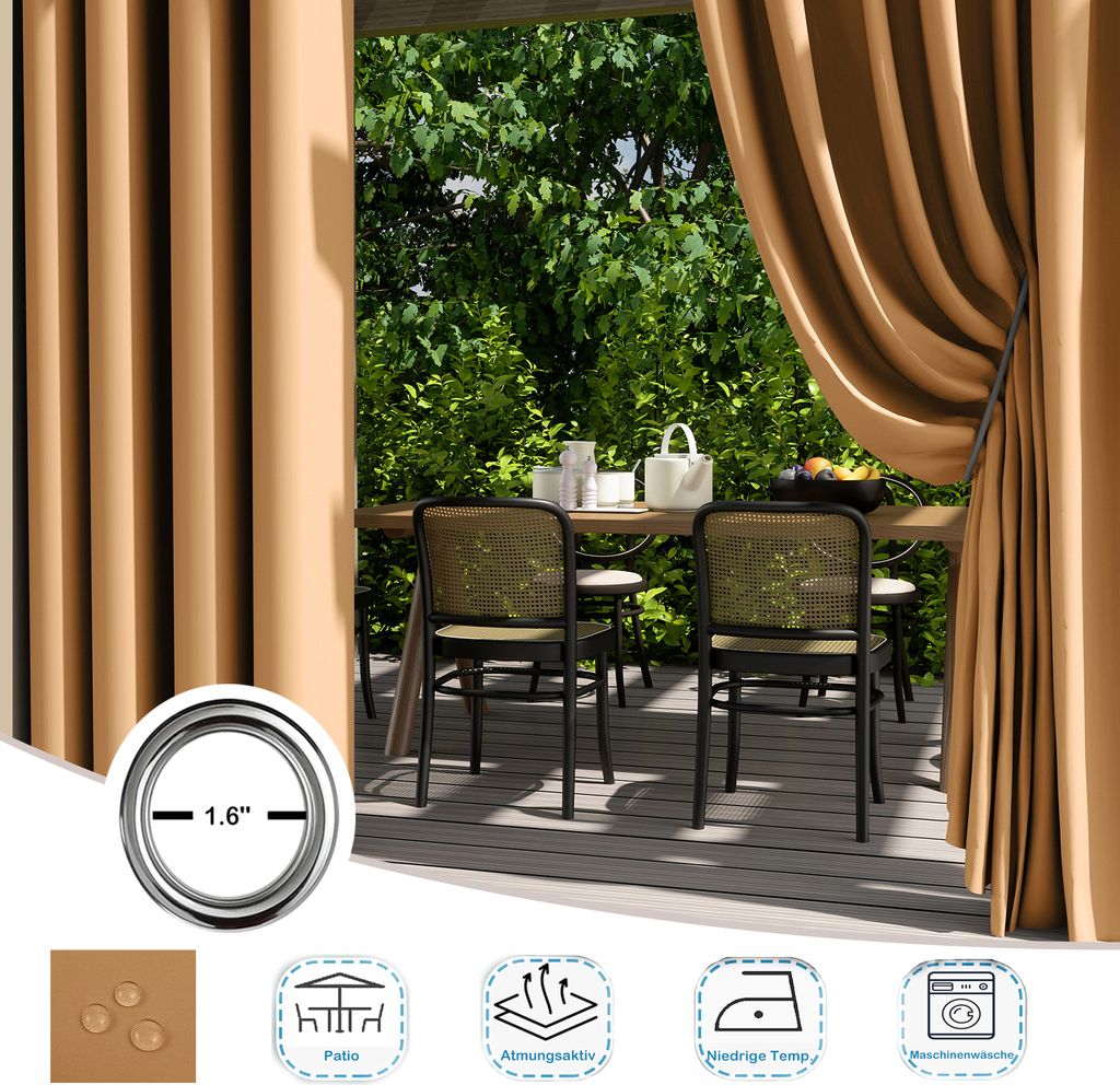 2er-Pack Wasserdichter Vorhang,132x243cm Indoor Outdoor Gardinen,Oxford-Stoff ÖsenGardinen,Scheibengardinen für Wohnzimmer,Terrassenvorhang,Braun