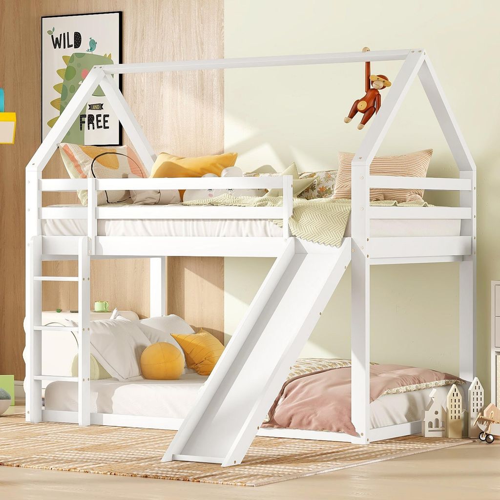 Kinder-Hochbett 90x200cm mit Rutsche und Leiter, umbaubar zum Einzelbett, weiß