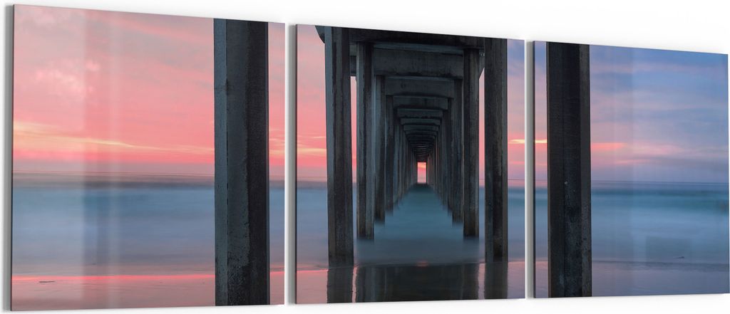 DEQORI Glasbild Echtglas 3x50x50 cm 'Pier im Abendrot' Wandbilder XXL groß
