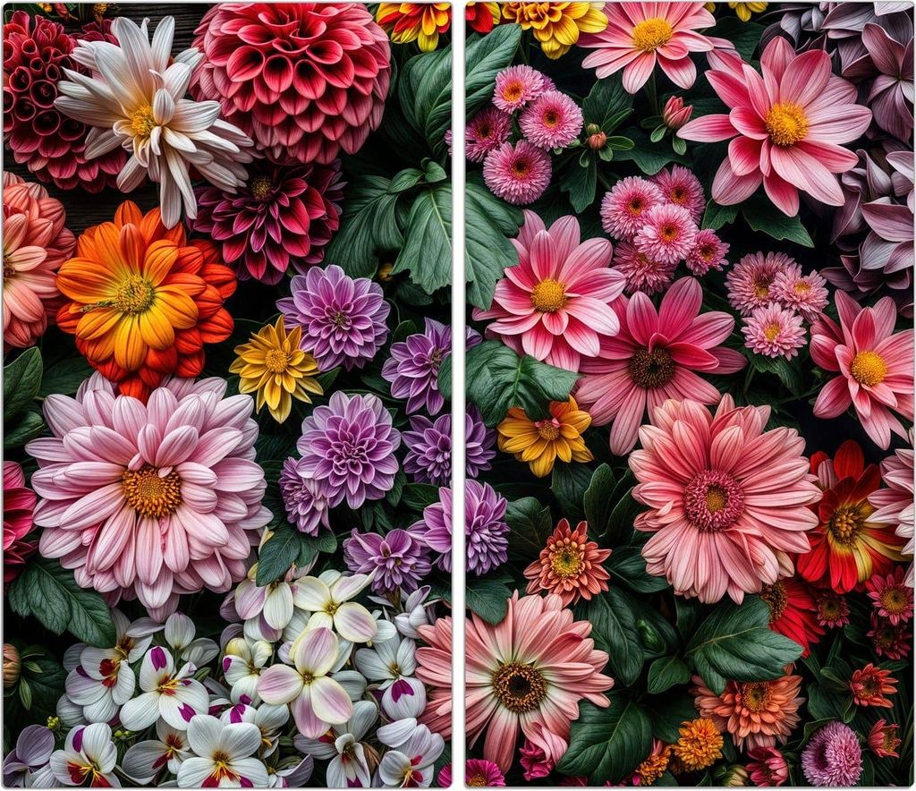 Spritzschutz Herdabdeckplatte Schneidebrett aus Glas Blumenkomposition 2-Teilig (60x52cm)