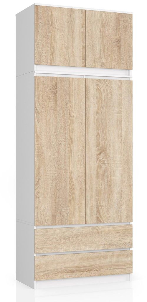 Kleiderschrank – Schlafzimmerschrank mit Kleiderstange – Weiß / Sonoma Eiche – 90 cm – Erweiterbarer Drehtürenschrank mit Aufsatz und 2 S...