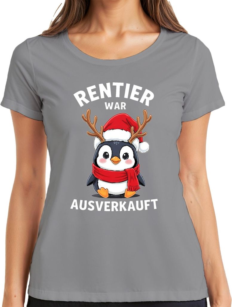 Rentier war t Weihnachten süßer Pinguin Santa Hut Damen T-Shirt, Grau, XXL