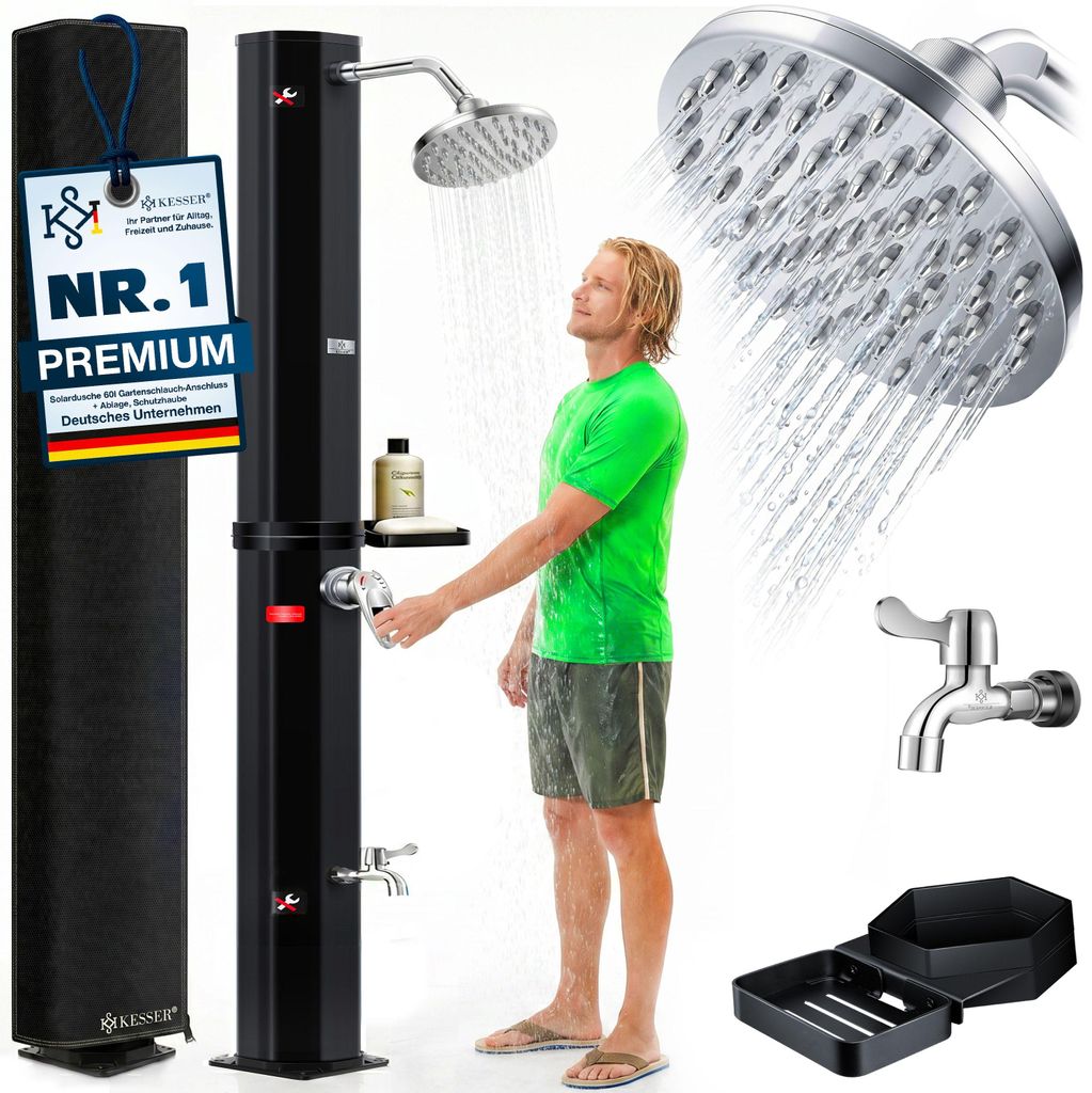 KESSER Solardusche 40- 60 Liter Solar Gartendusche | warmes Wasser | max. 60°C | Inkl. Metall-Duschablage & Schutzhaube | Pooldusche Camping| Re...