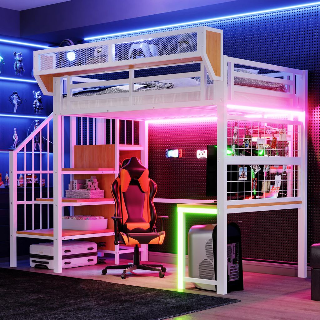 Merax Etagenbett Metall-Hochbett 90×200cm mit Schreibtisch und LED-Beleuchtung, Kinderbett mit Aufbewahrungsnetz,Sicherheitsleiter und Geländer,W...