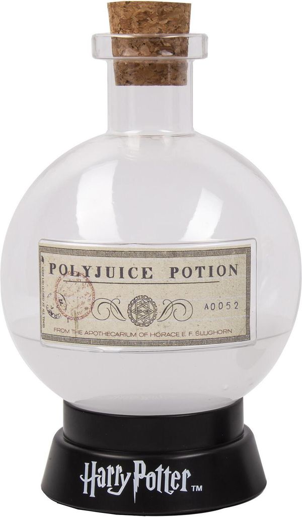 A clear, studio shot of a Polyjuice Potion bottle from Harry Potter, displayed on a black base with the Harry Potter logo.