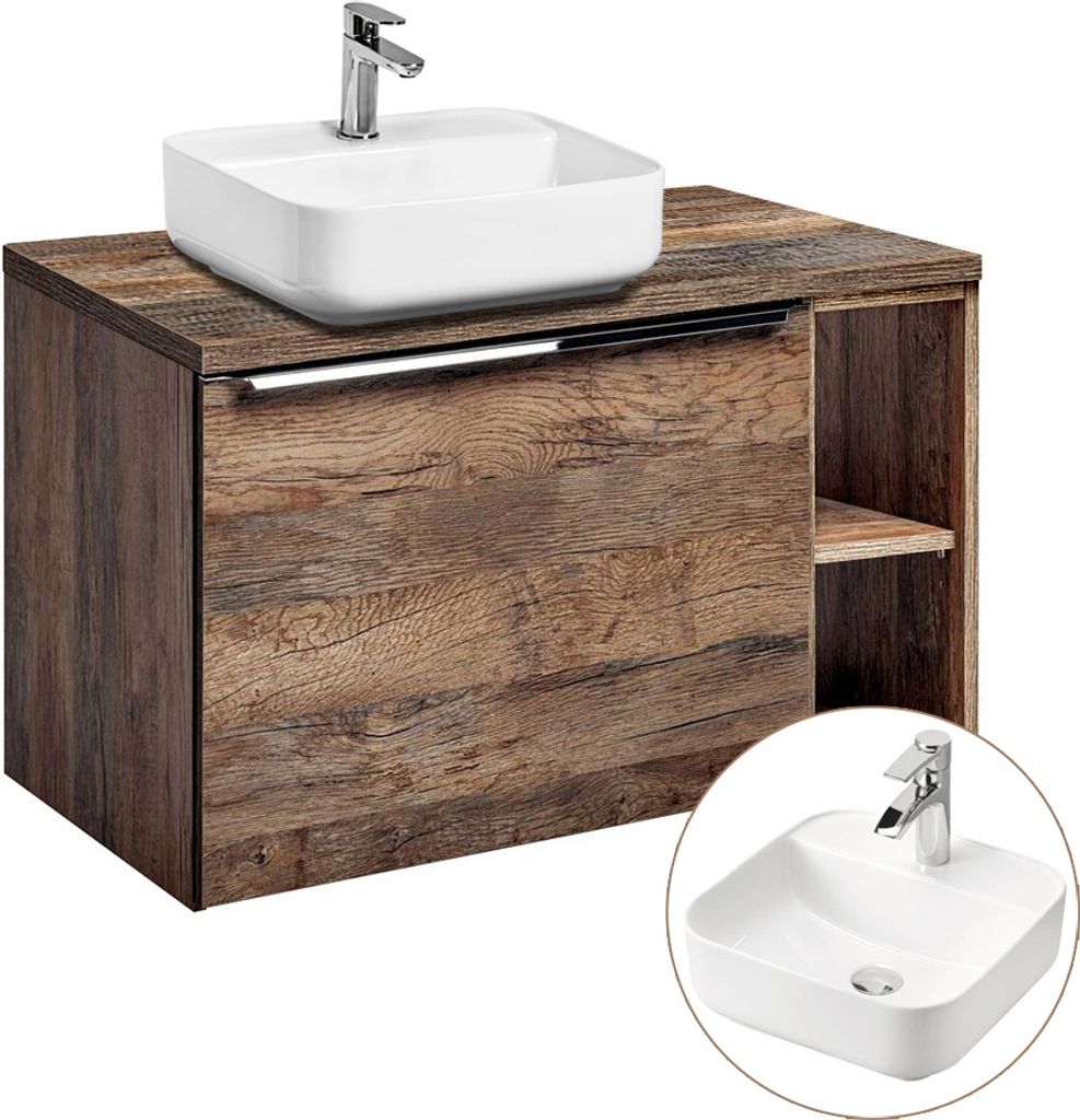 Waschtischunterschrank 80cm mit Regal & Keramikbecken PUEBLA-56 in Vintage Oak, B/H/T ca.: 80,4/63,5/46 cm
