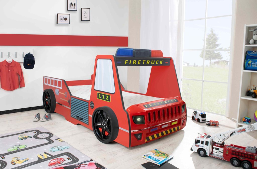 Autobett Kinder 90x200 cm Feuerwehrbett "Rio Firetruck" mit Matratze