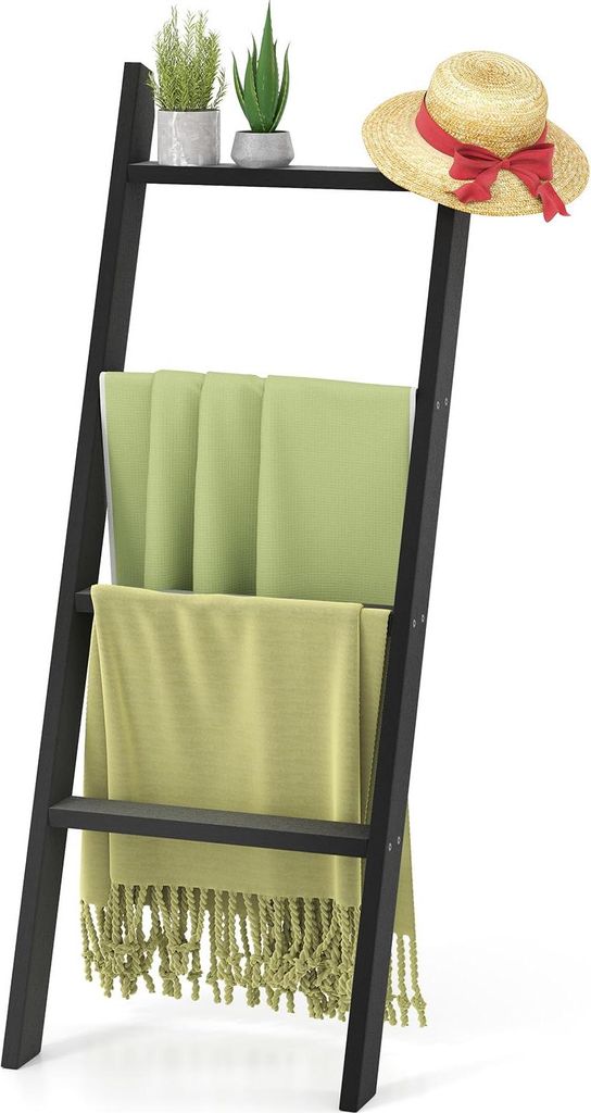 GOPLUS 4 Ebenen Handtuchständer, 137 cm Handtuchleiter aus Holz für Aufbewahrung, Badetuchhalter Leiterregal für Badezimmer 50 x 137 cm (Schwarz)