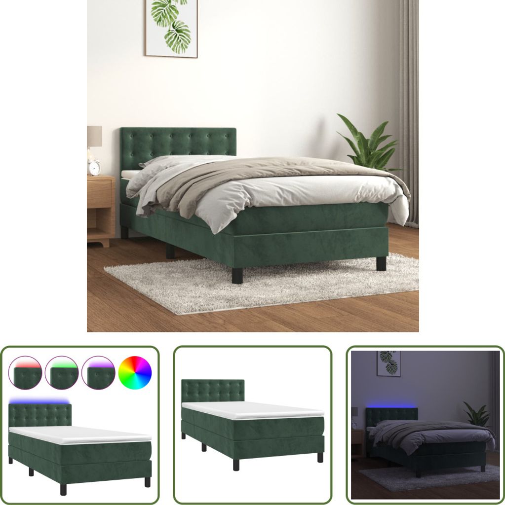 The Living Store Boxspringbett mit Matratze & LED Dunkelgrün 90x200 cm Samt