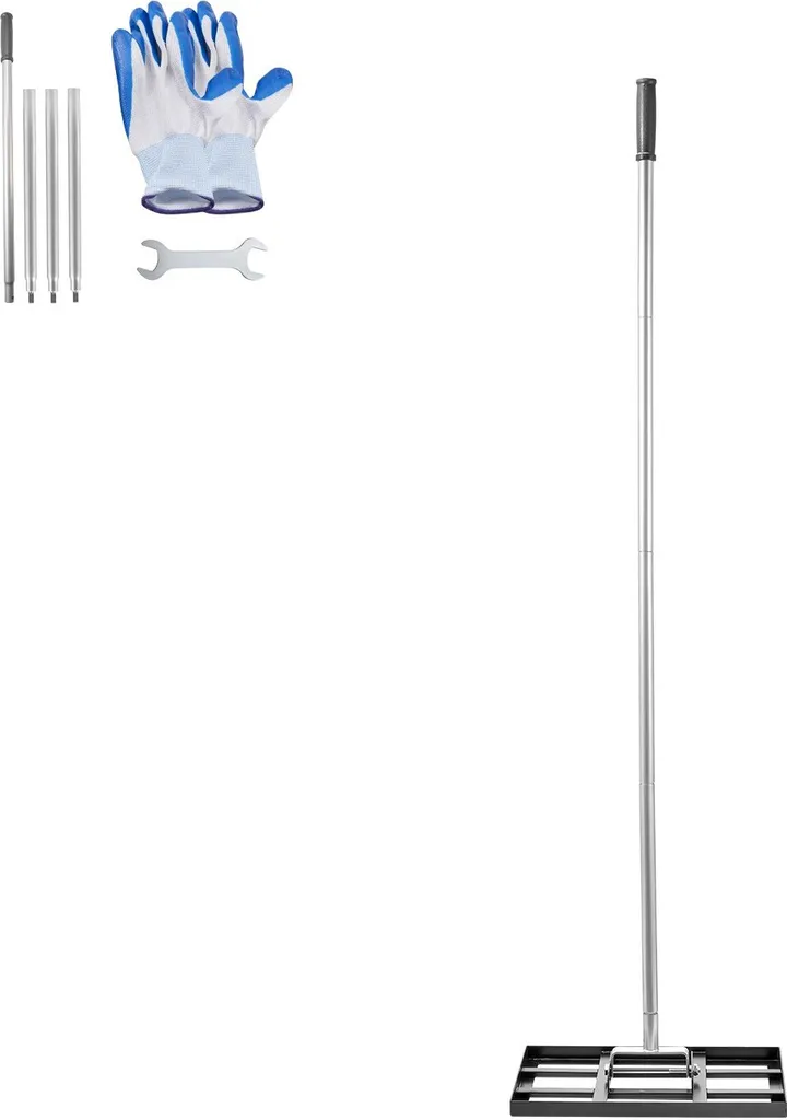 Rastrello Livellatore Per Prato 43x25 Cm Con Manico Regolabile 109-177 Cm, Saldature Rinforzate E Bordo Liscio, Per Livellare Terra, Sabbia E Pacciame
