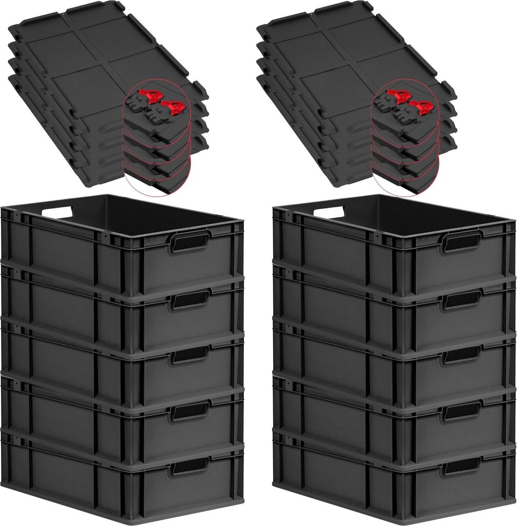 SuperSparSet 10x Eurobox NextGen Grip mit Scharnierdeckel und roten Schiebeschnappverschlüssen | HxBxT 17x40x60cm | 34 Liter | Schwarz | Griffe of...