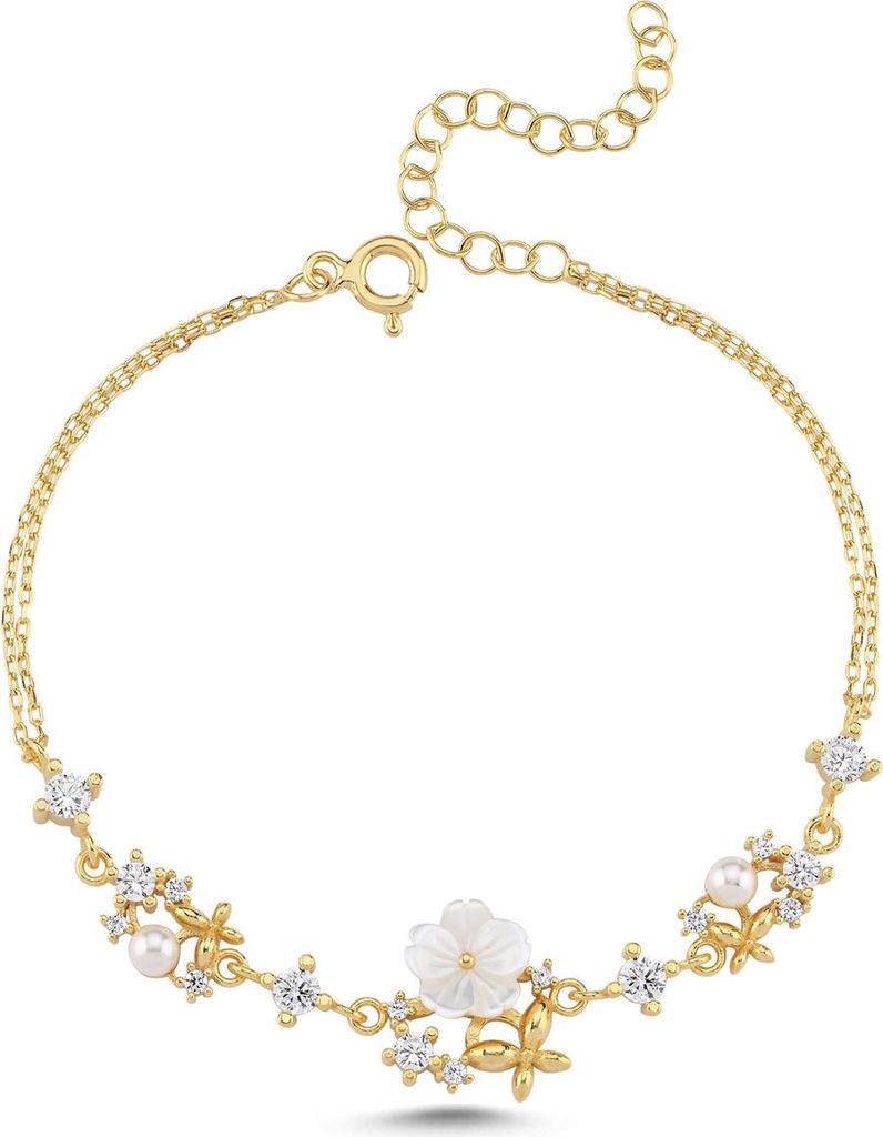 925er Silber Armband Gold – Manolienblüte & Perlen