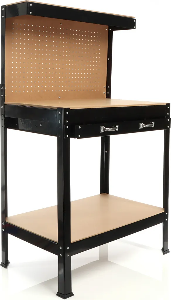 Table de travail d'atelier avec étagère et panneau porte-outils gris