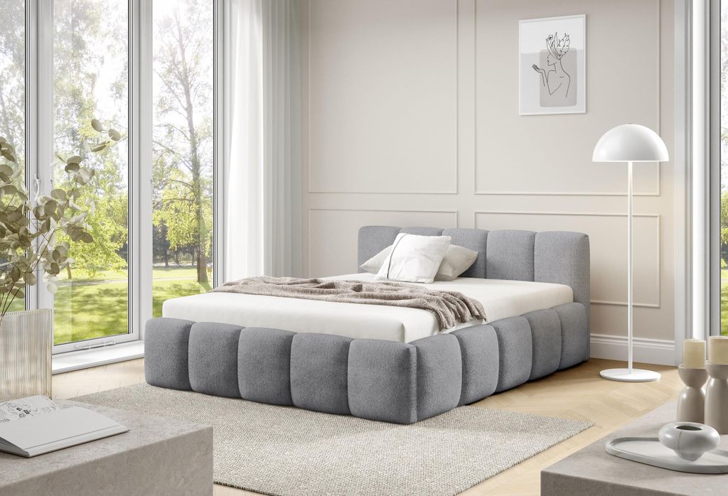 Polsterbett QUATTRO, 160x200 cm, Doppelbett mit Bettkasten, Boucle Stoff, Frabe: Grau