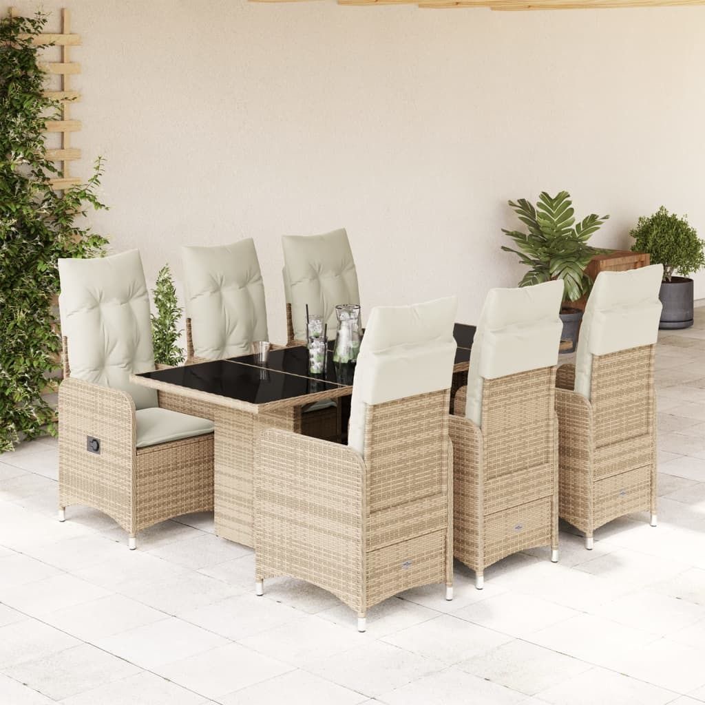 Design 7-tlg. Garten-Bistro-Set mit Kissen Beige Poly Rattan, Gartenmöbel-Sets 2024 Neu