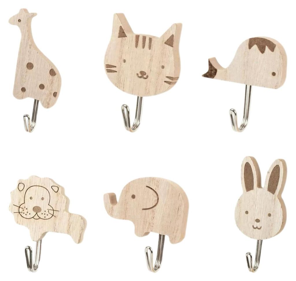 6-teiliges Set Kindergarderobenhaken, Kleiderhaken für Kinder, Wandhaken aus Holz in Tierform, niedliche Tiergarderobenhaken, selbstklebende Wandh...